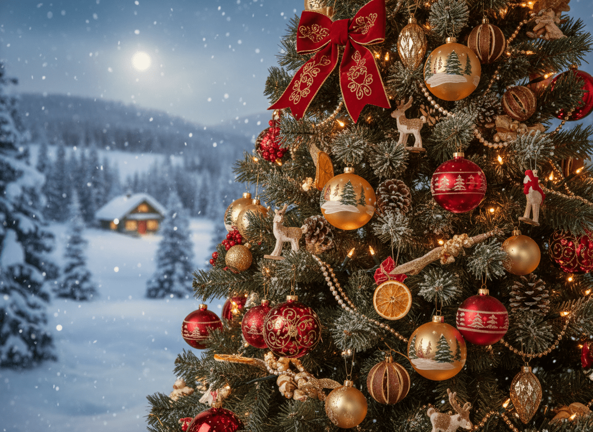Firefly_Gemini Flash_Christmas Tree closeup with traditional Decorations and winter landscape background 66497