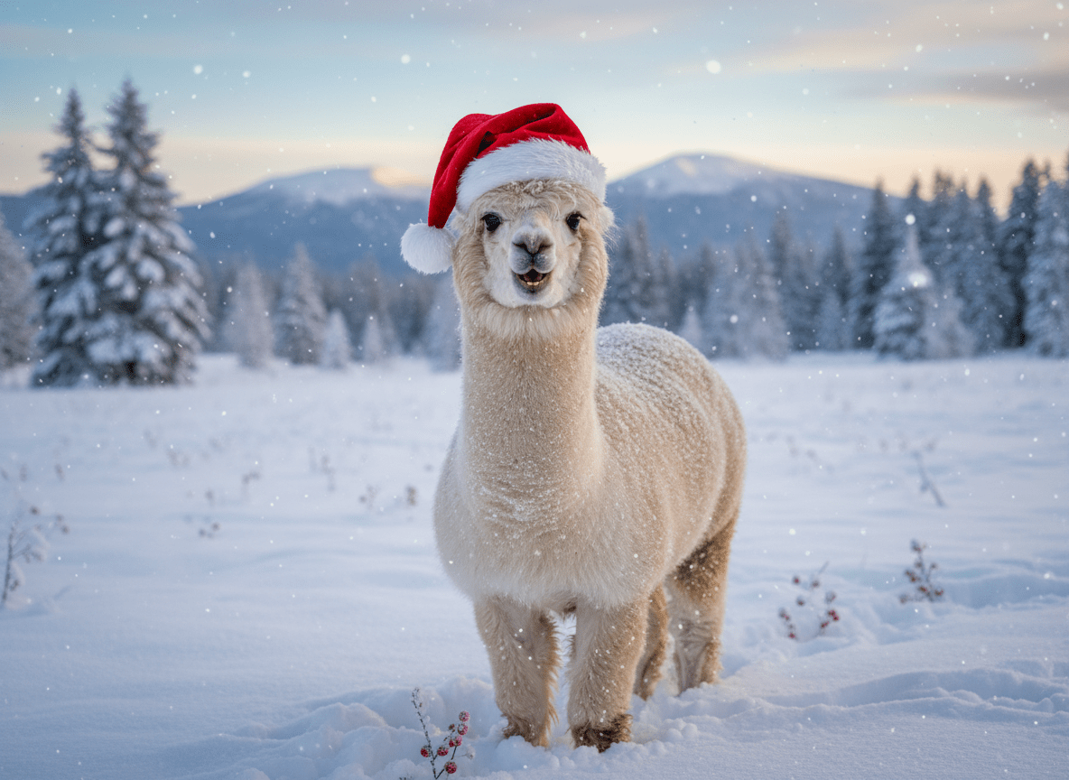 Firefly_Gemini Flash_Christmas alpaca wearing festive red Santa hat standing in snowy field with joyful ex 932187