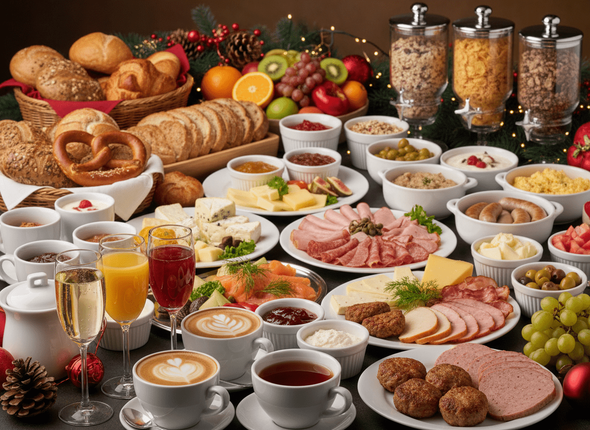 Firefly_Gemini Flash_Feiertag frühstücksbuffet zu weihnachten closeup_Sekt, Kaffee- und Teespezialitäten, 467213