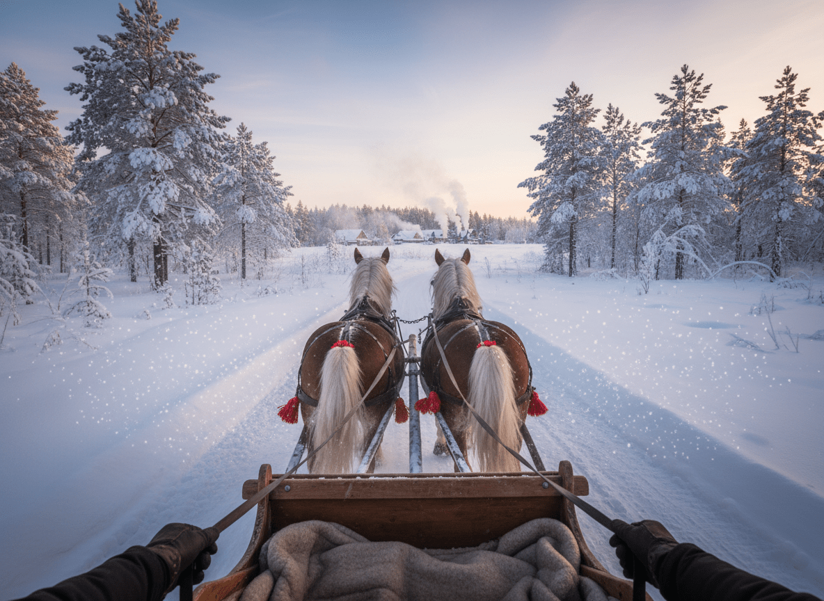 Firefly_Gemini Flash_Horse-drawn sleigh ride through the winter landscape from the coachman's perspective 889697