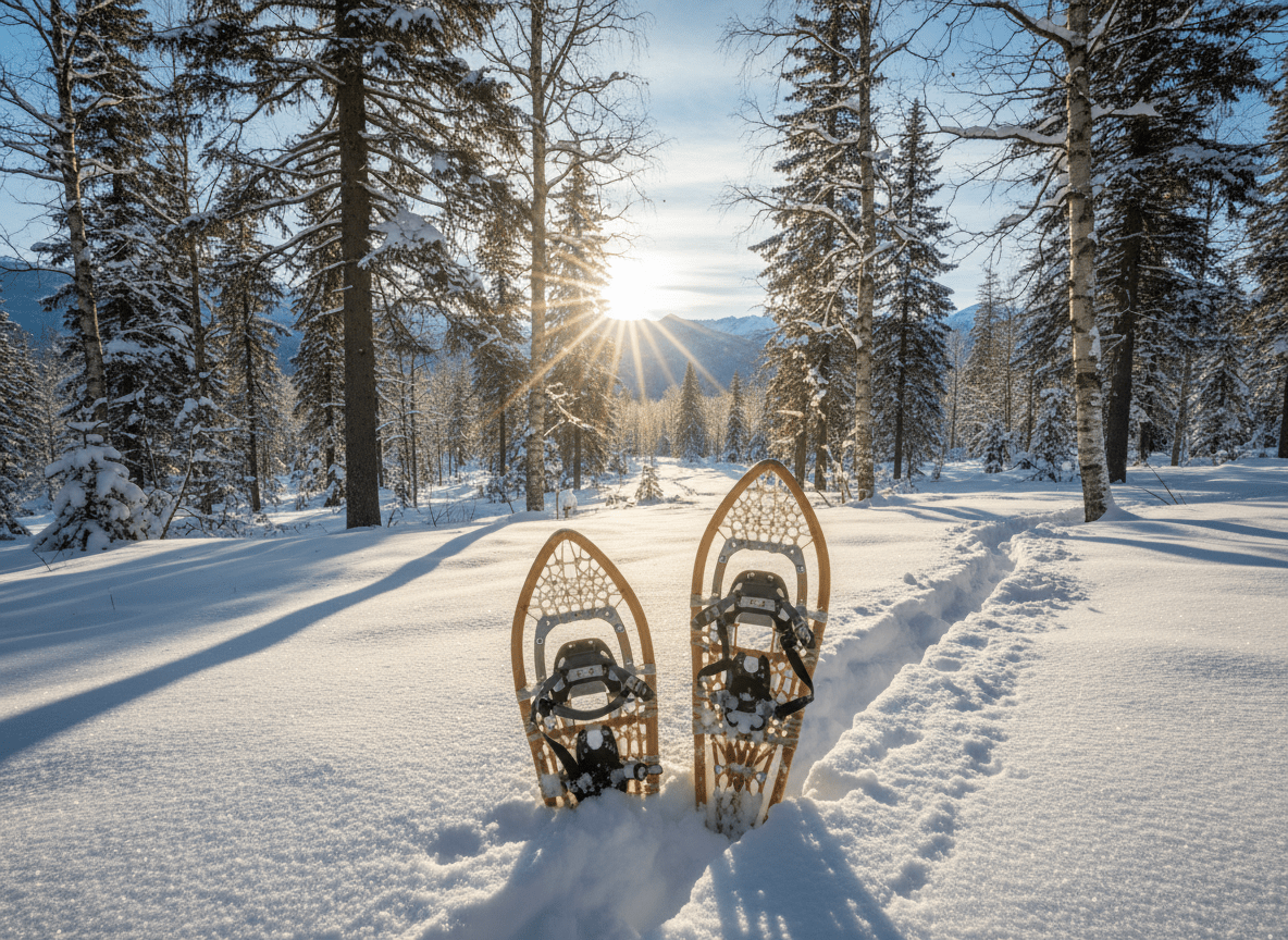 Firefly_Gemini Flash_Schneeschuhe in Winterlandschaft Wald sonnig 294371