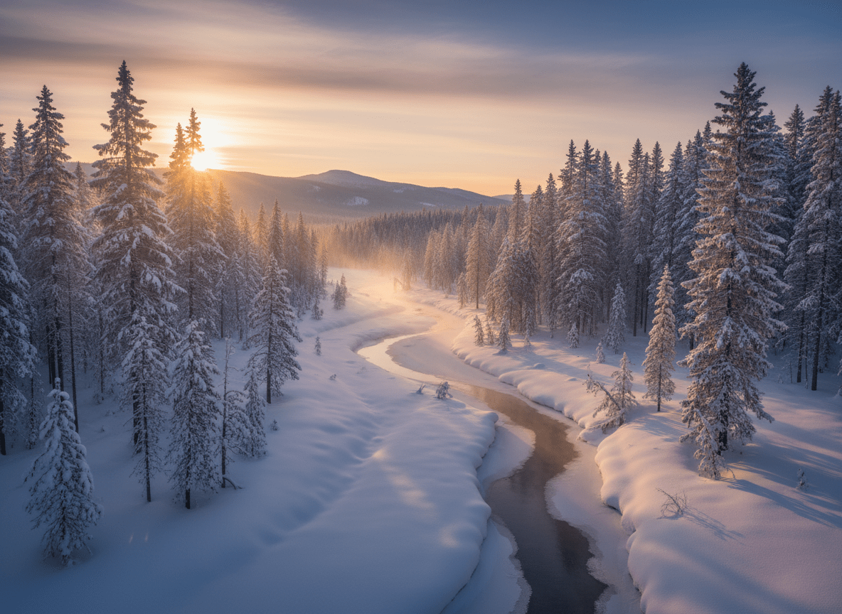 Firefly_Gemini Flash_Sonnenaufgang über einer schneebedeckten winterlichen Waldlandschaft 552123