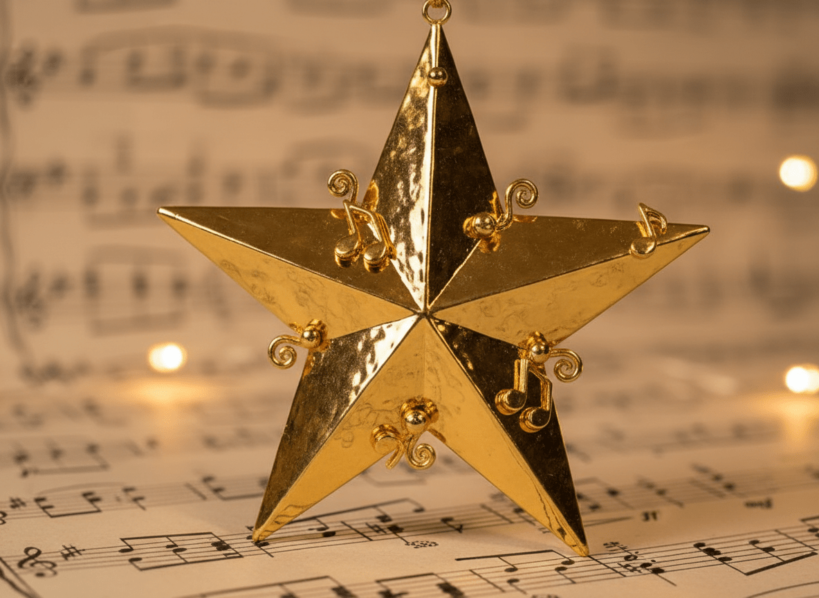 Firefly_Gemini Flash_goldener Weihnachtsstern mit Noten im Hintergrund 789399